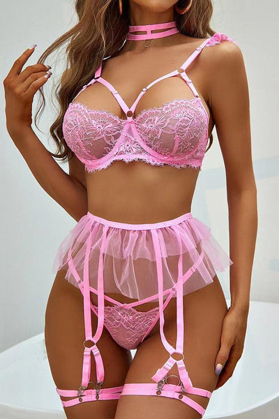 Pink Lace Strappy Choker Bra Thong Tutu Garter Belt 6Pc Lingerie Set - AMIClubwear