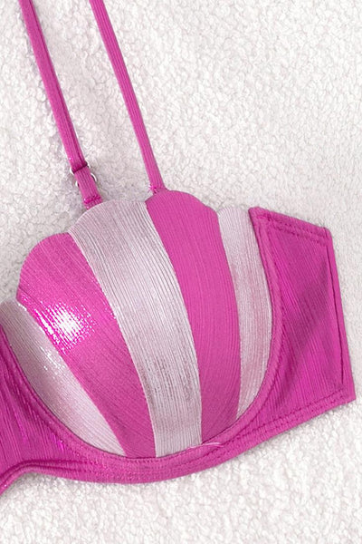 Pink Metallic Shell Push-Up High Waist Cheeky 2Pc Swimsuit Bikini - AMIClubwear