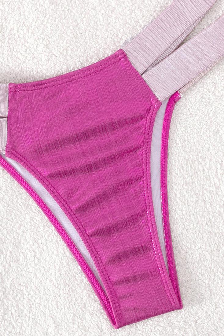 Pink Metallic Shell Push-Up High Waist Cheeky 2Pc Swimsuit Bikini - AMIClubwear