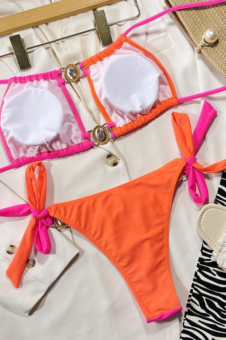 Pink Orange Rhinestone Two Piece Cheeky Swimsuit - AMIClubwear
