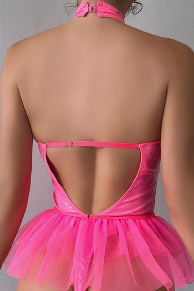Pink Patent Netted Halter Tutu Garter Belt Thong 3Pc Lingerie Set - AMIClubwear