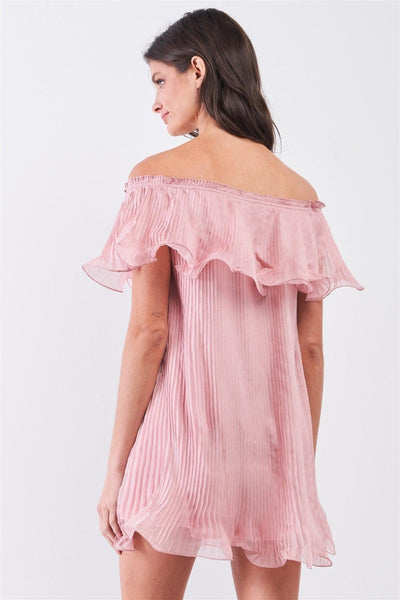 Pink Pleated Off-the-shoulder Double Layered Frill Trim Mini Dress - AMIClubwear