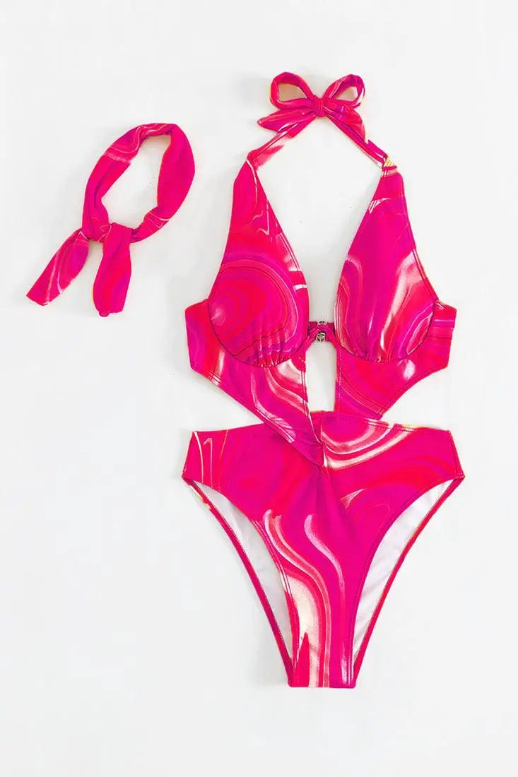 Pink Print Wired Halter Twist Monokini Scarf Cover-Up 2Pc Swimsuit Set