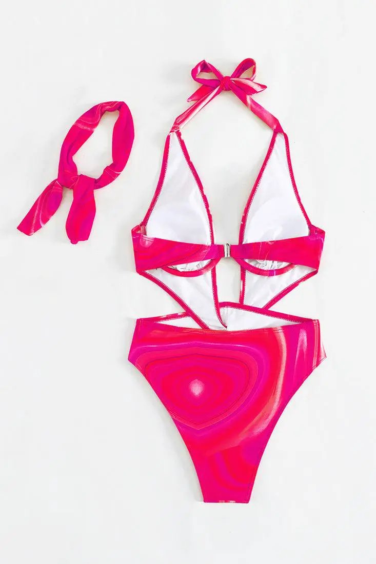Pink Print Wired Halter Twist Monokini Scarf Cover-Up 2Pc Swimsuit Set