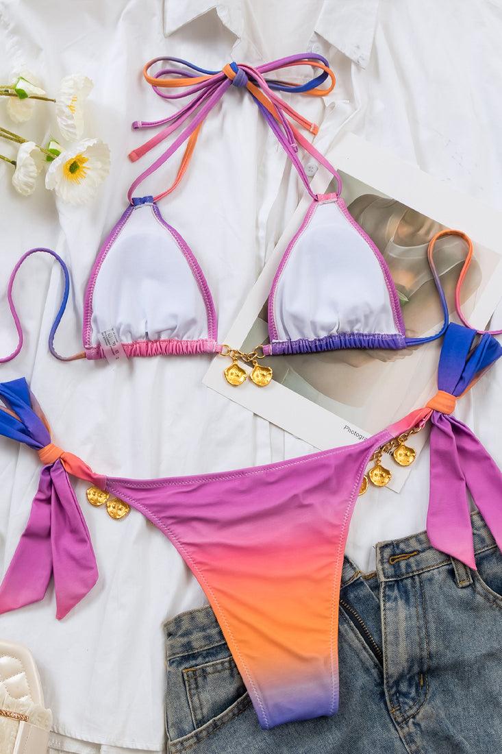 Pink Purple Tie Dye Gold Sea Shell Triangle Cheeky 2 Pc Swimsuit Set Bikini - AMIClubwear