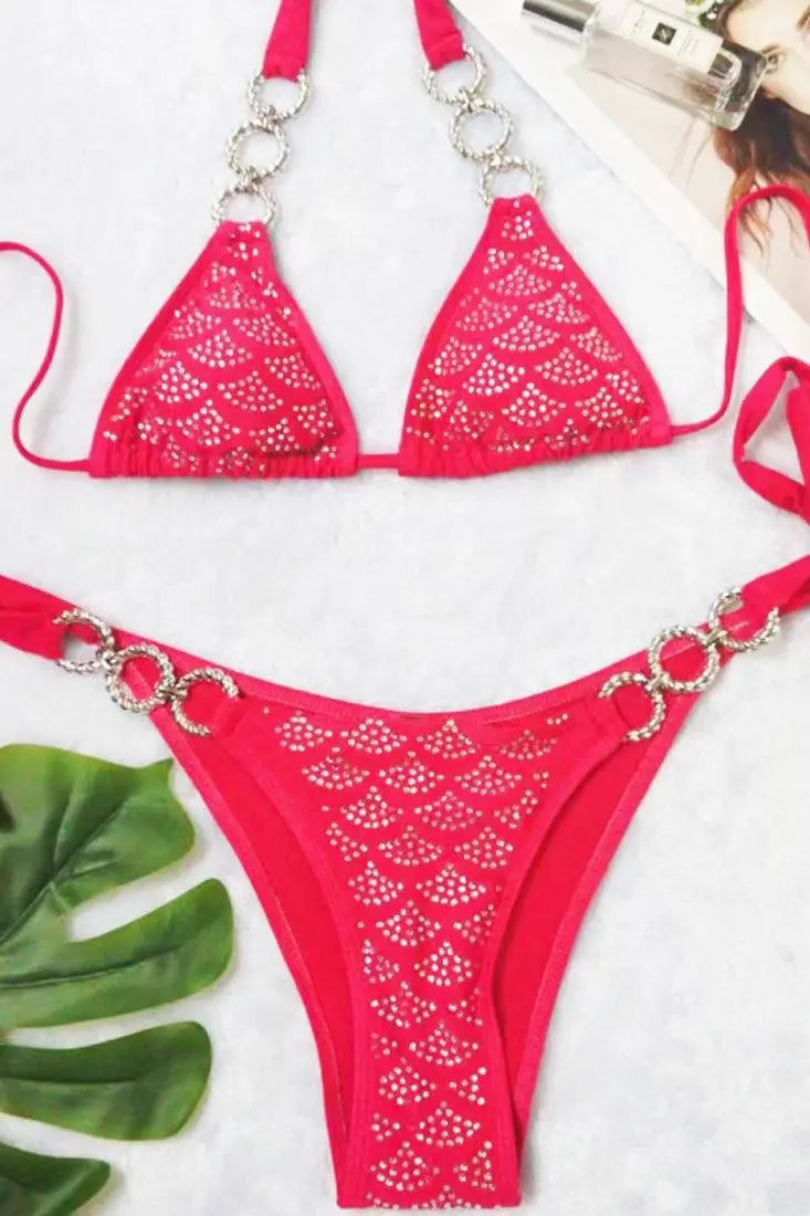 Pink Rhinestone Covered O-Ring Cheeky 2Pc Sexy Swimsuit Bikini