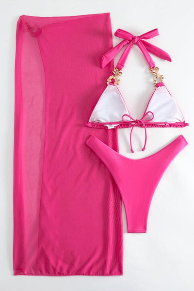 Pink Rhinestones Gem Halter Cheeky Cover-Up 3Pc Swimsuit Set - AMIClubwear