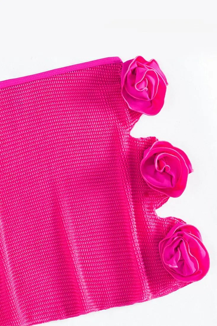 Pink Rosette Rose Strapless 3Pc Swim Cover-Up Swimsuit Set