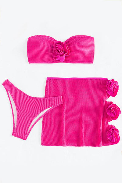 Pink Rosette Rose Strapless 3Pc Swim Cover-Up Swimsuit Set - AMIClubwear