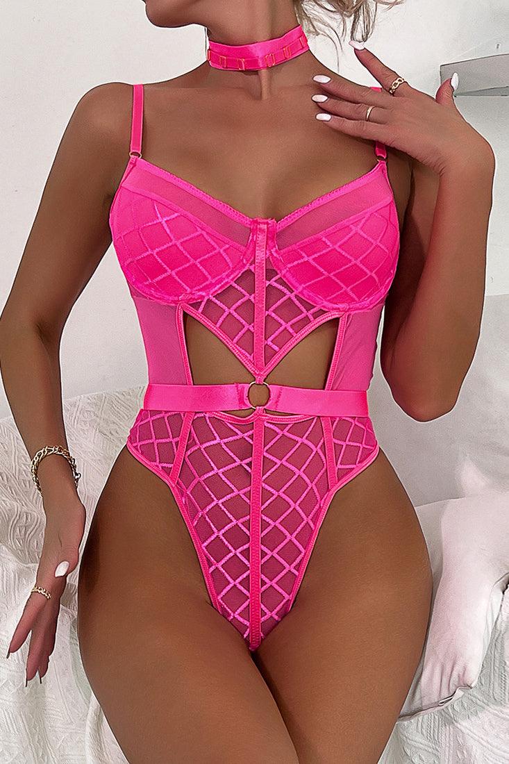 Pink Sheer Mesh Belted 2Pc Lingerie Choker Bodysuit - AMIClubwear