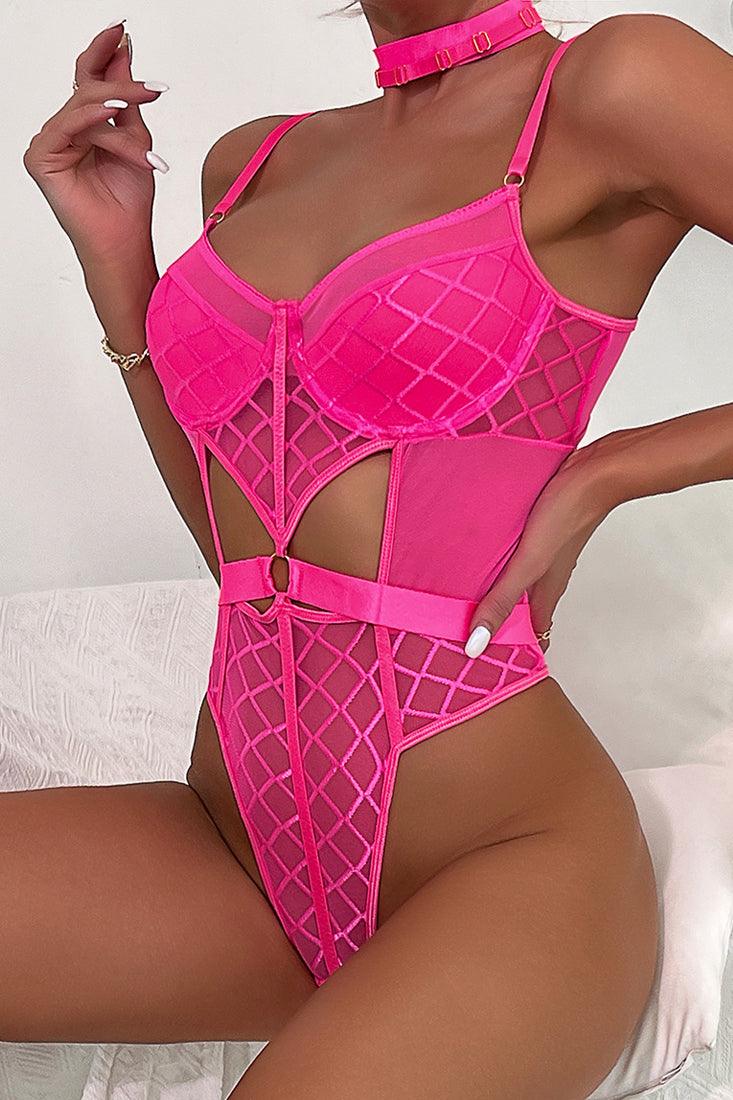 Pink Sheer Mesh Belted 2Pc Lingerie Choker Bodysuit - AMIClubwear