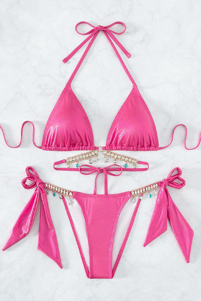 Pink Shimmer Holographic Rhinestone Star Fish Charm 2 Pc Cheeky Swimsuit Bikini - AMIClubwear