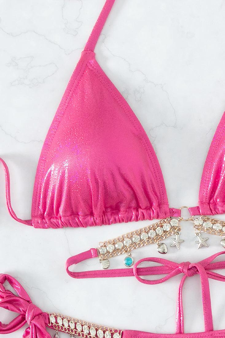 Pink Shimmer Holographic Rhinestone Star Fish Charm 2 Pc Cheeky Swimsuit Bikini - AMIClubwear