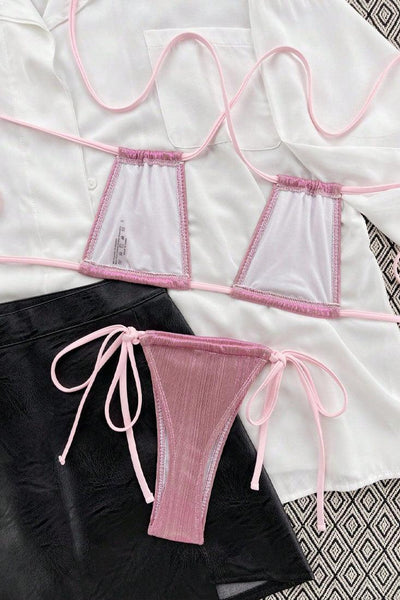 Pink Shiny Multi Style Sexy Thong 2Pc Swimsuit Bikini - AMIClubwear