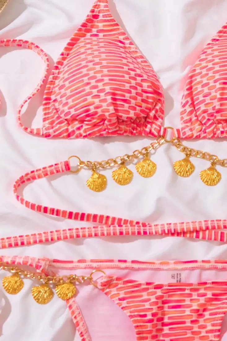 Pink Textured Gold Sea Shell Strappy Triangle Cheeky 2 Pc Sexy Swimsuit Set Bikini