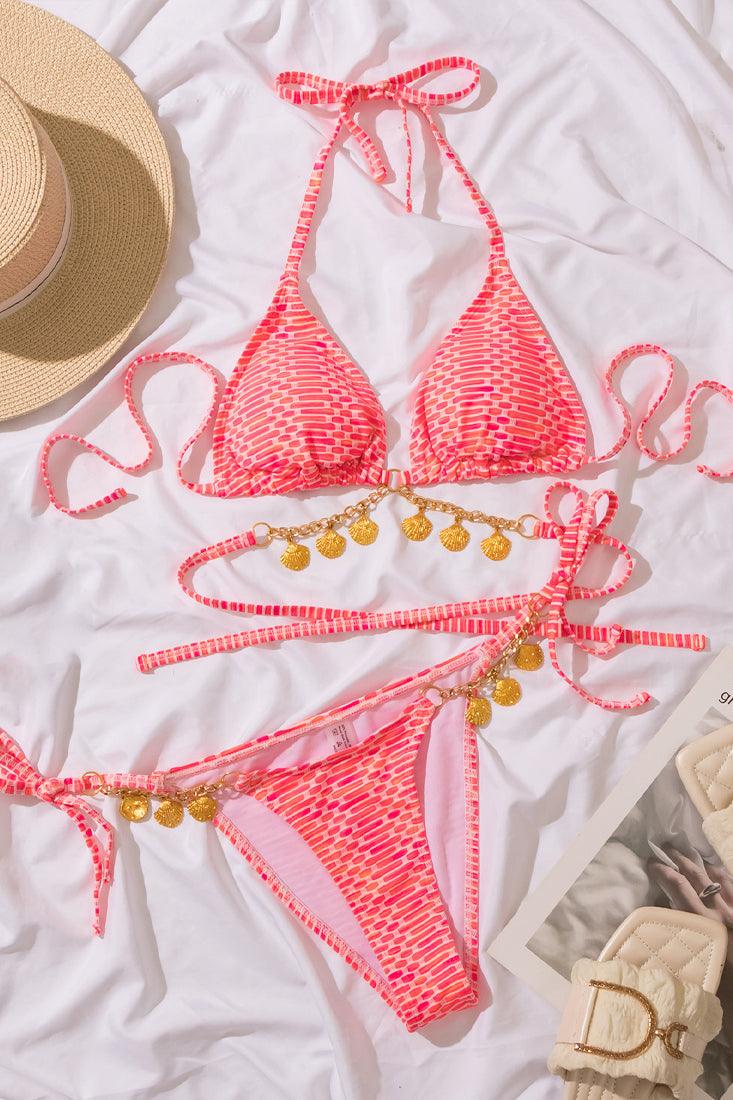 Pink Textured Gold Sea Shell Strappy Triangle Cheeky 2 Pc Swimsuit Set Bikini JTA29 - AMIClubwear