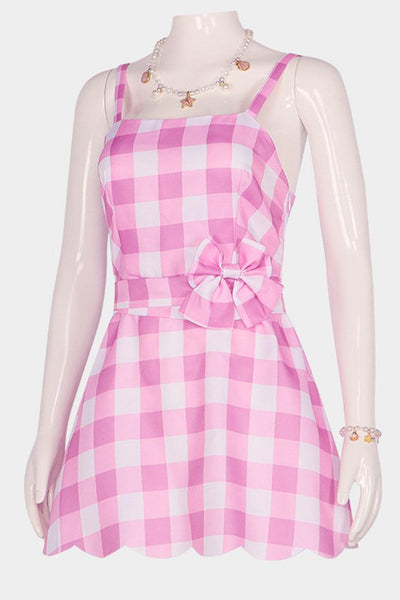 Pink White Gingham Barbie Dress Bow 5Pc Halloween Costume - AMIClubwear