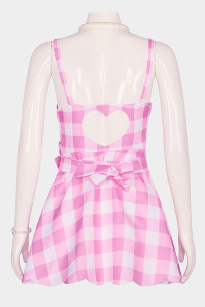 Pink White Gingham Barbie Dress Bow 5Pc Halloween Costume - AMIClubwear