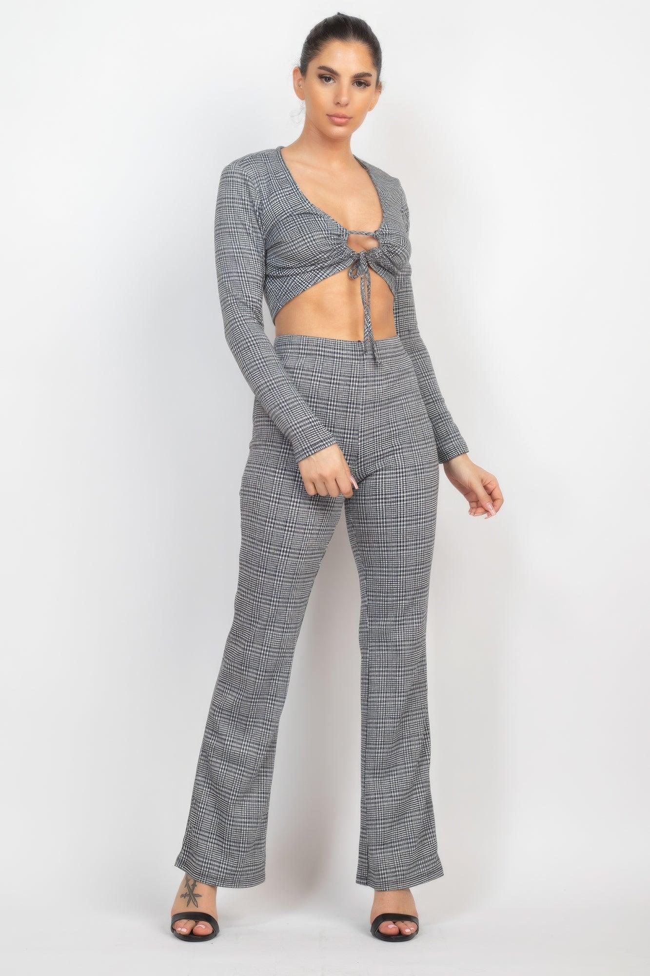 Plaid Cut-out Long Sleeve Top & Pants Set - AMIClubwear