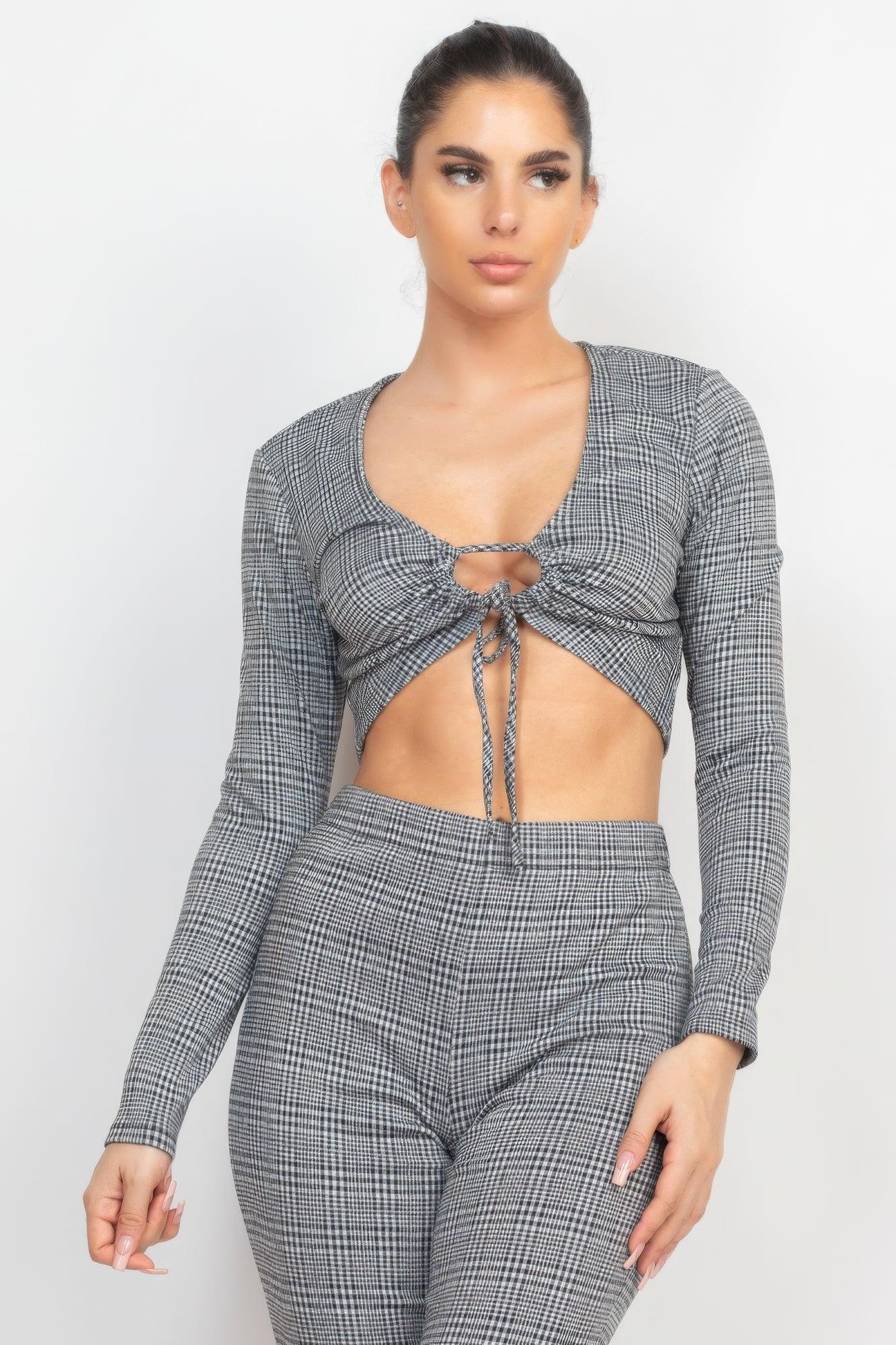 Plaid Cut-out Long Sleeve Top & Pants Set - AMIClubwear