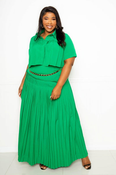 Pleated Cropped Shirt And Maxi Skirt Set - AMIClubwear
