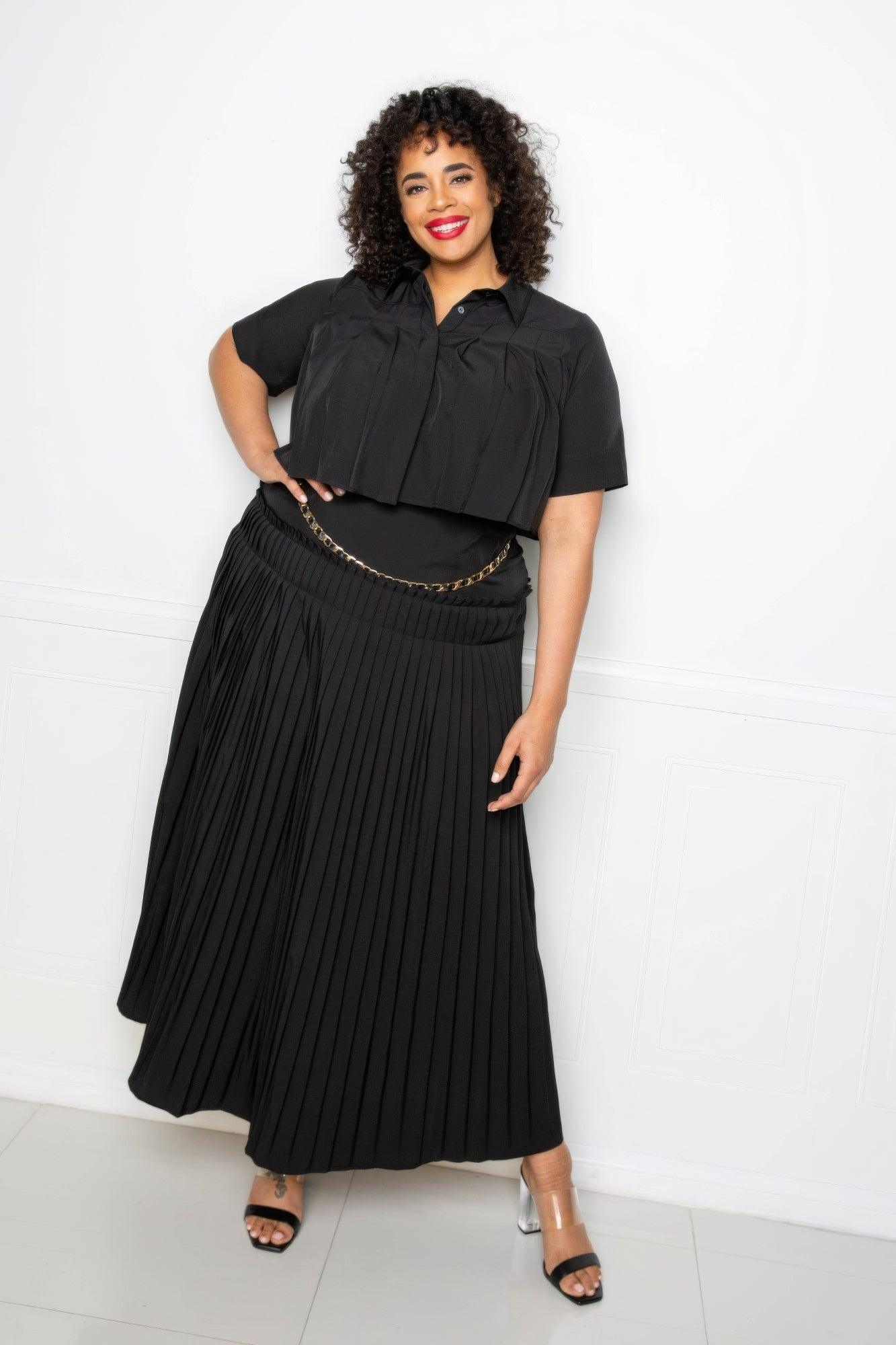 Pleated Cropped Shirt And Maxi Skirt Set - AMIClubwear