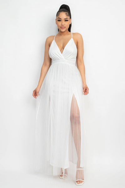 Pleated Mesh Slit Maxi Dress - AMIClubwear