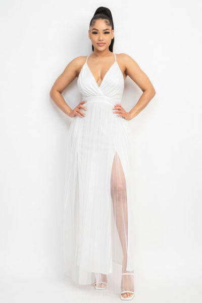 Pleated Mesh Slit Maxi Dress - AMIClubwear