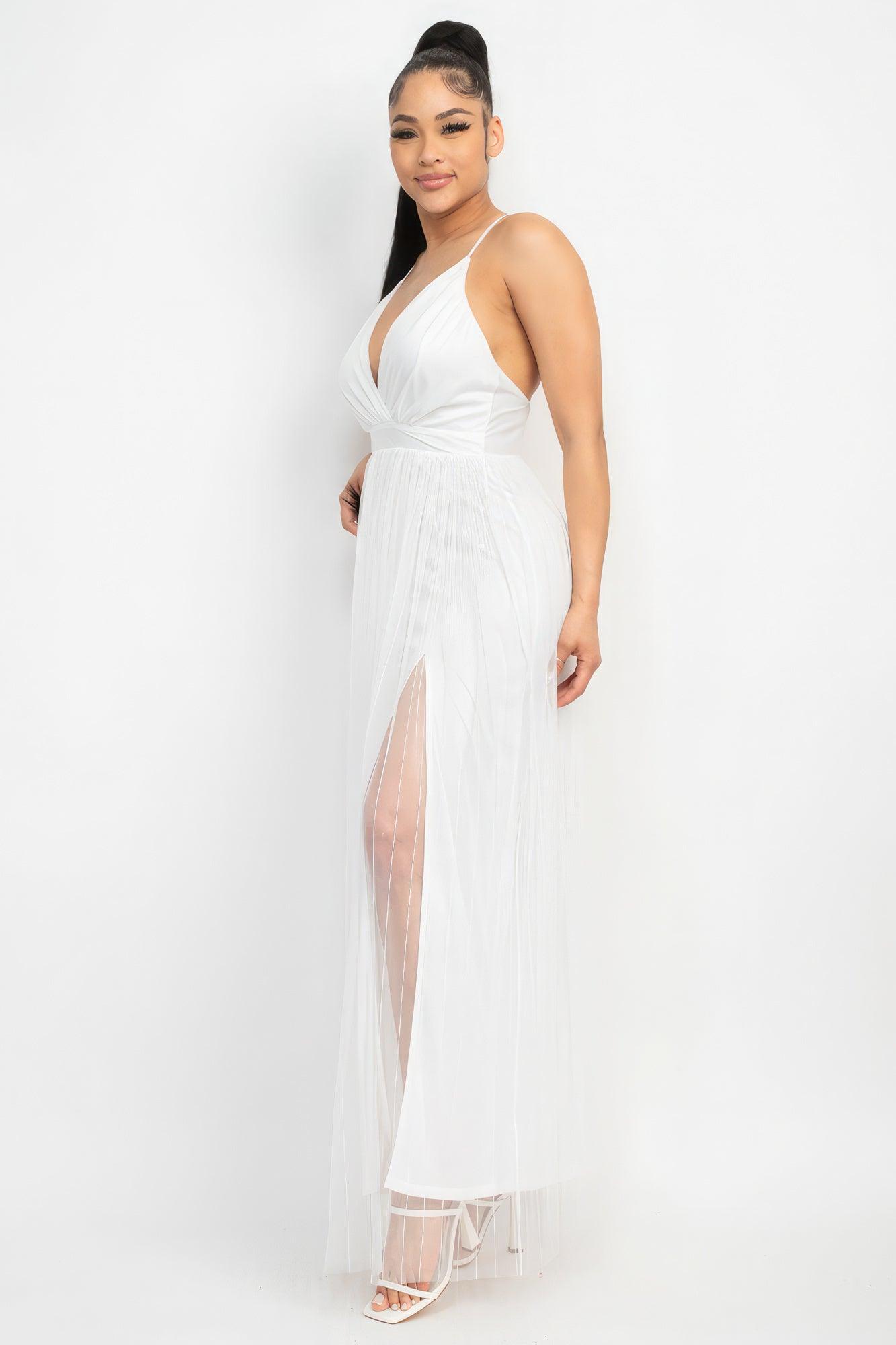 Pleated Mesh Slit Maxi Dress - AMIClubwear