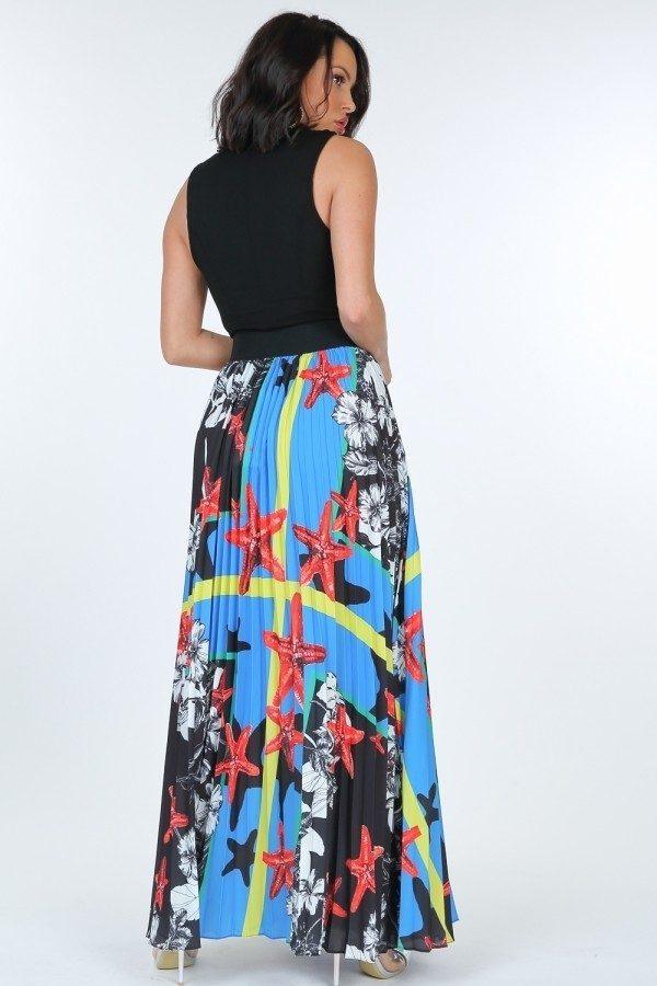 Pleated Print Maxi Skirt With Leather Waist Band - AMIClubwear