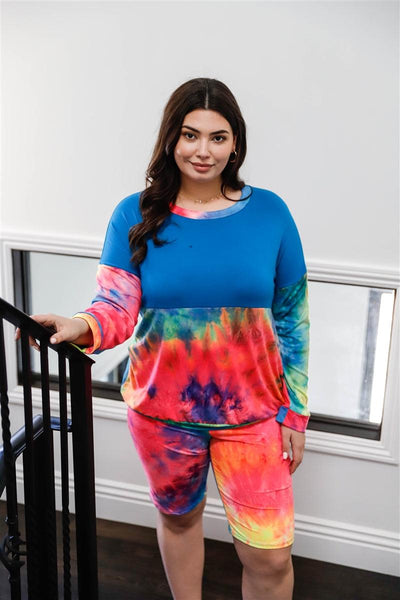 Plus Blue Neon Rainbow Tie-dye Colorblock Long Sleeve Top & Biker Shorts Set - AMIClubwear