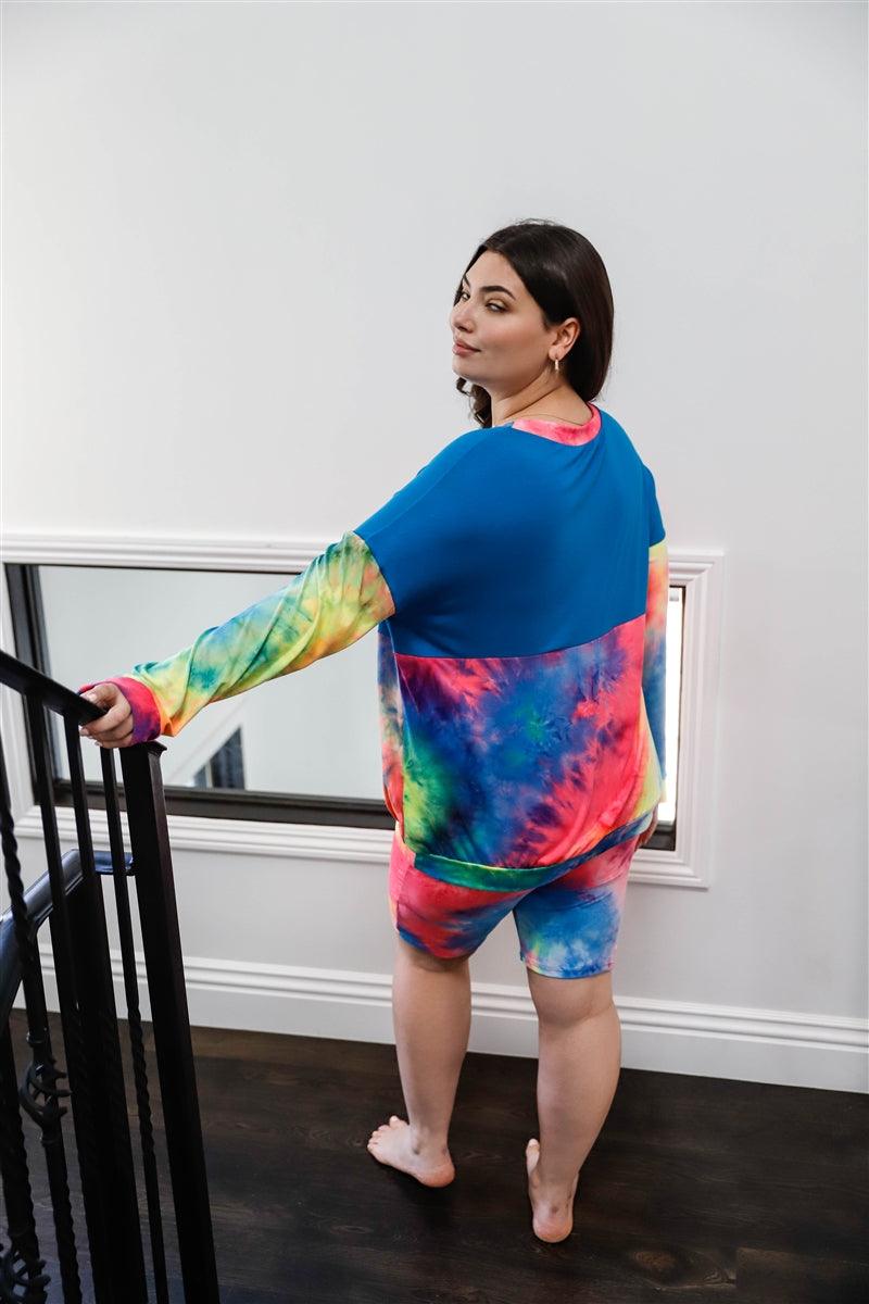 Plus Blue Neon Rainbow Tie-dye Colorblock Long Sleeve Top & Biker Shorts Set - AMIClubwear