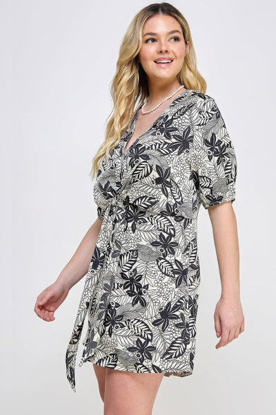 Plus Botanical Print Front Tie Dress - AMIClubwear