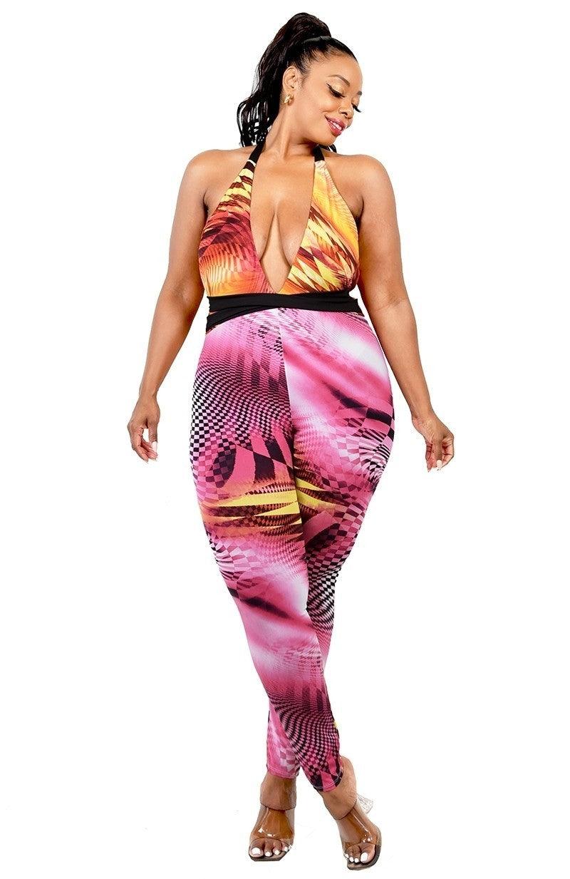 Plus Color Pattern Criss Cross Mock Neck Jumpsuit - AMIClubwear