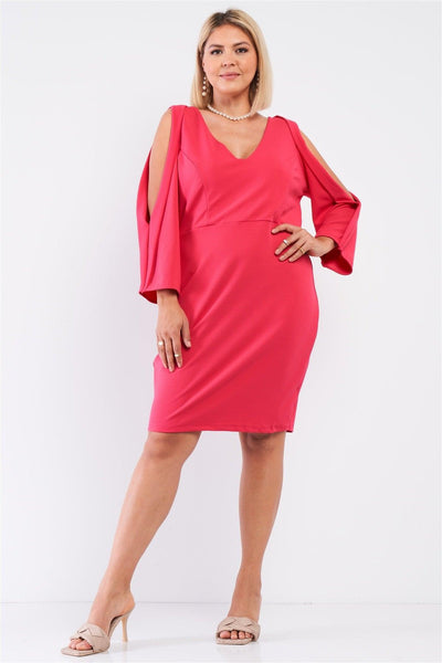 Plus Coral Pink Plunging V-neck Long Slit Sleeve Detail Mini Dress - AMIClubwear