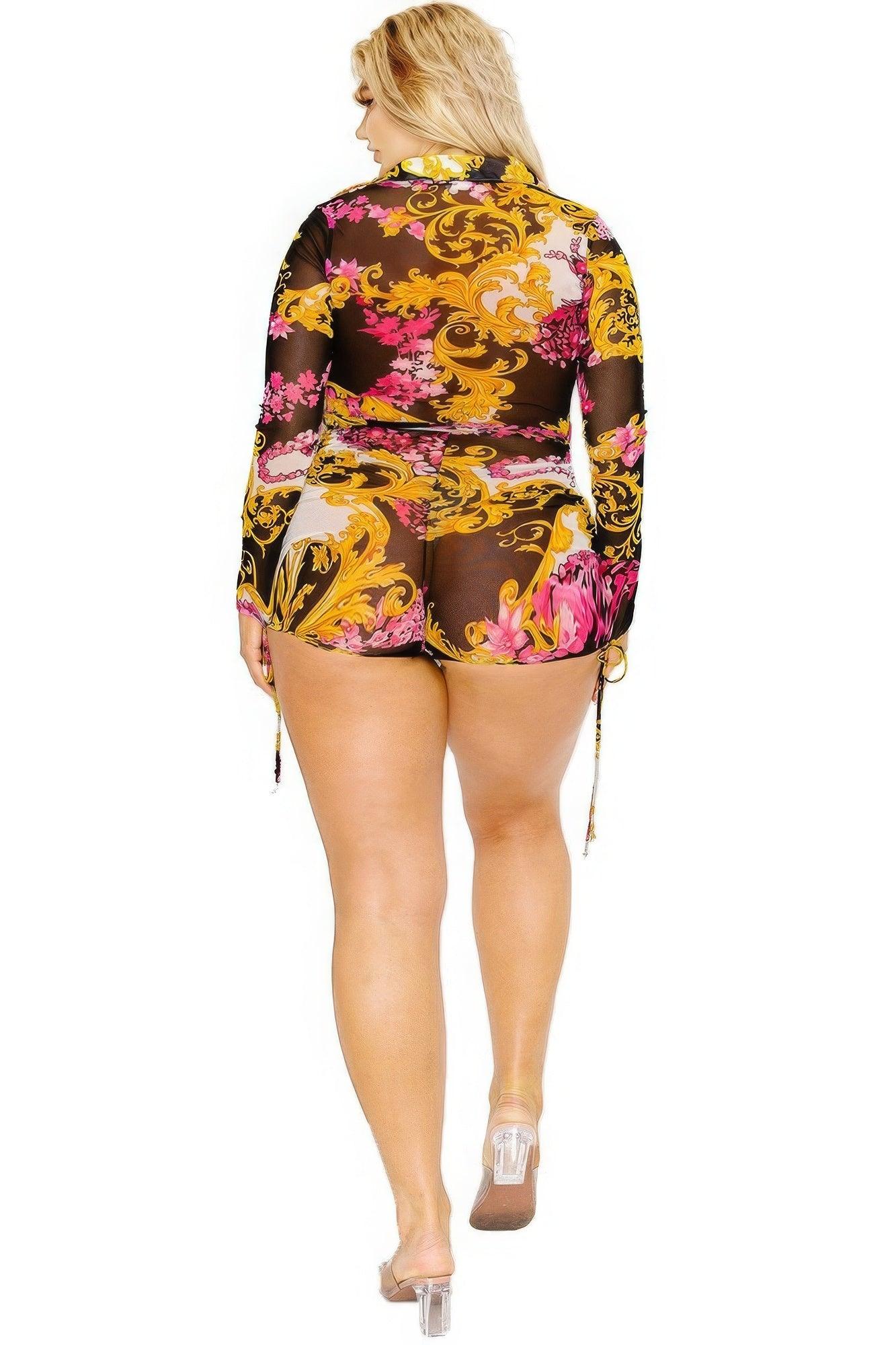 Plus gold & floral pattern print belted romer - AMIClubwear