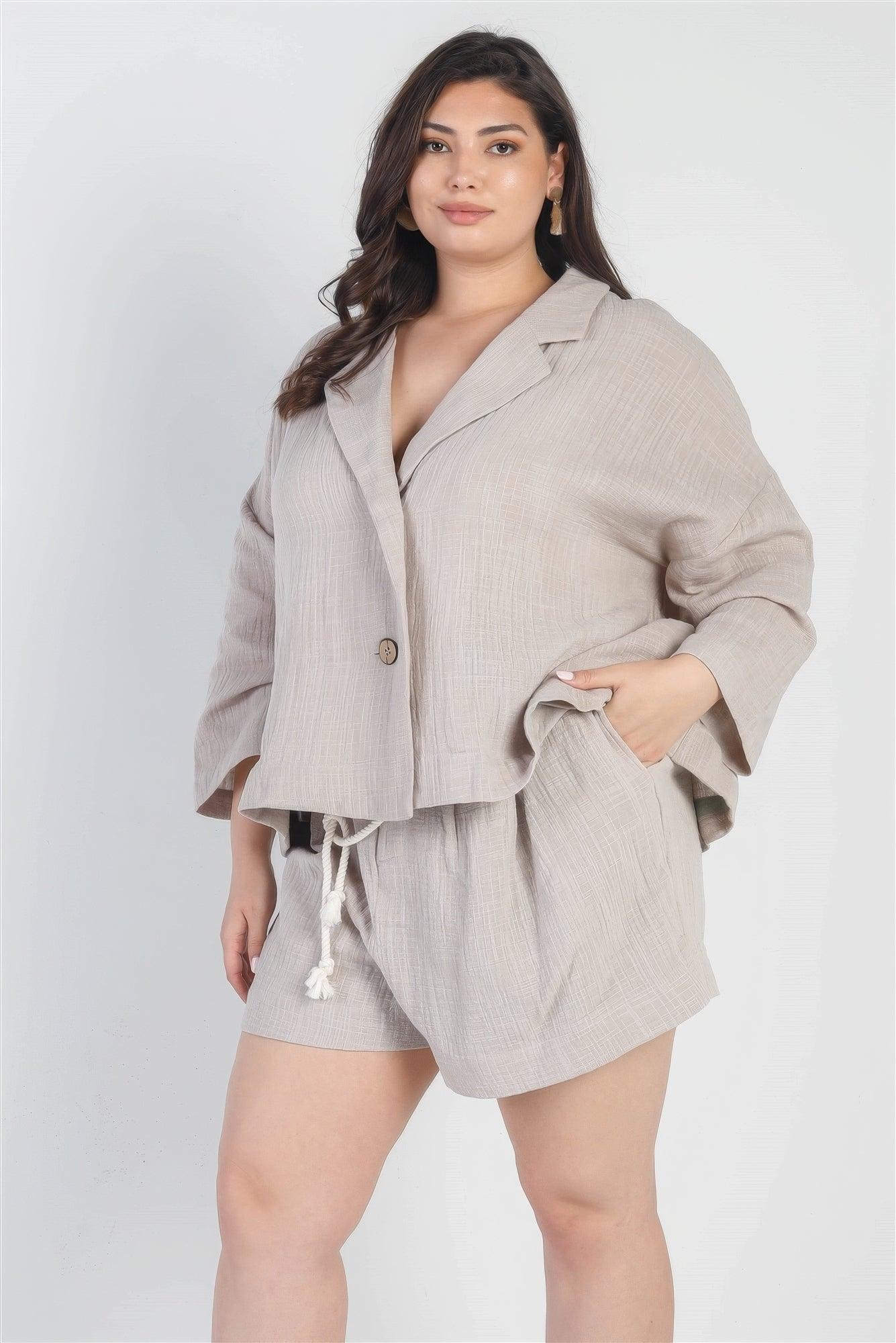 Plus Grey Button-up Collared Neck Blazer High Waist Shorts Set - AMIClubwear