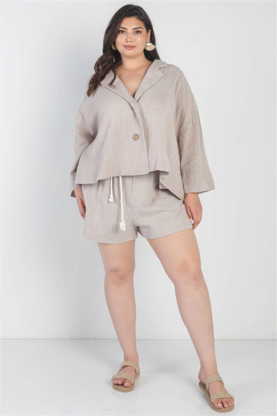 Plus Grey Button-up Collared Neck Blazer High Waist Shorts Set - AMIClubwear