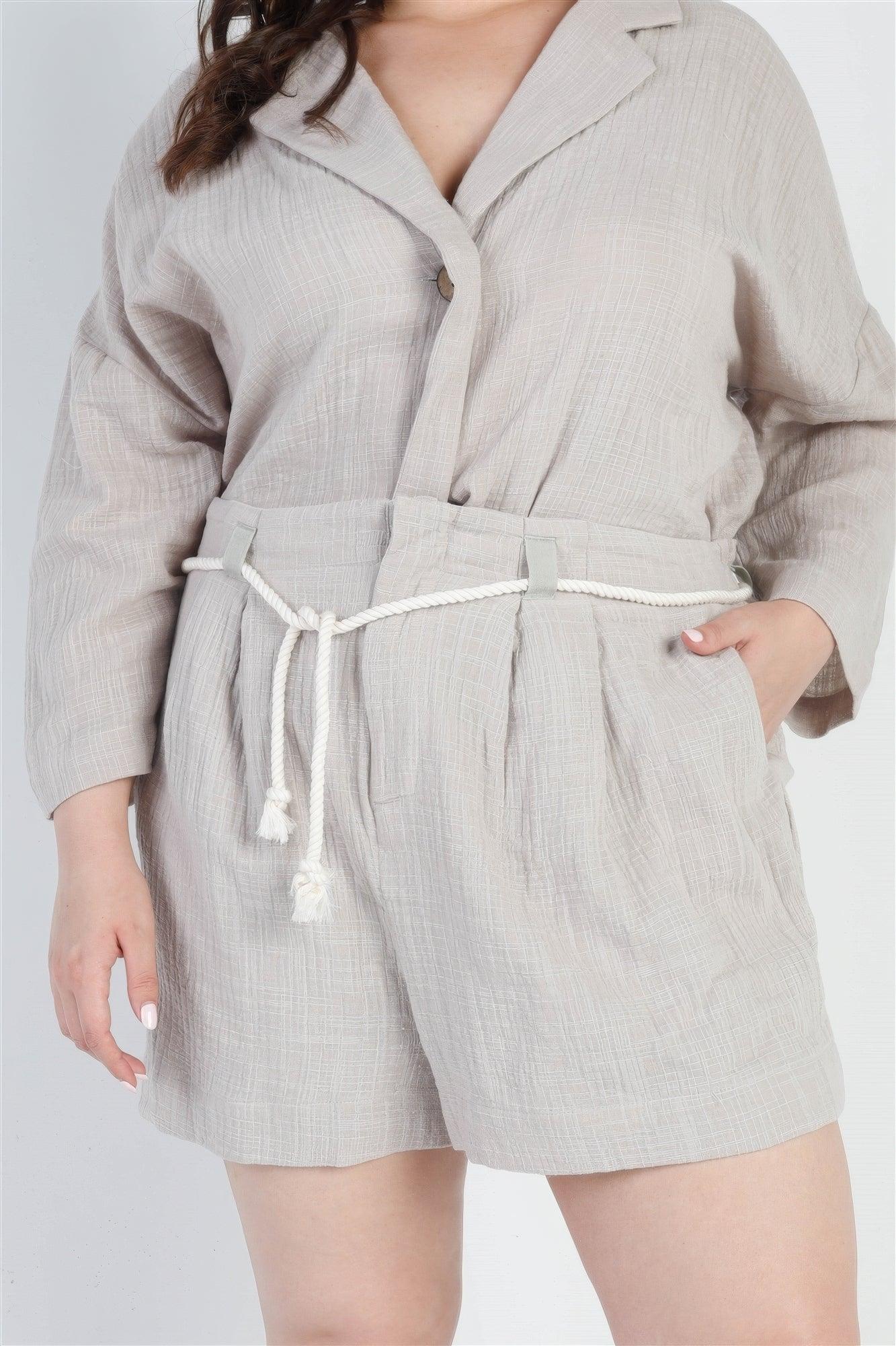Plus Grey Button-up Collared Neck Blazer High Waist Shorts Set - AMIClubwear