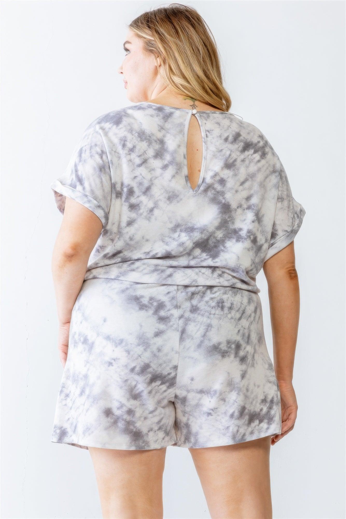 Plus Ivory & Grey Tie-dye Print Two Pocket Romper - AMIClubwear