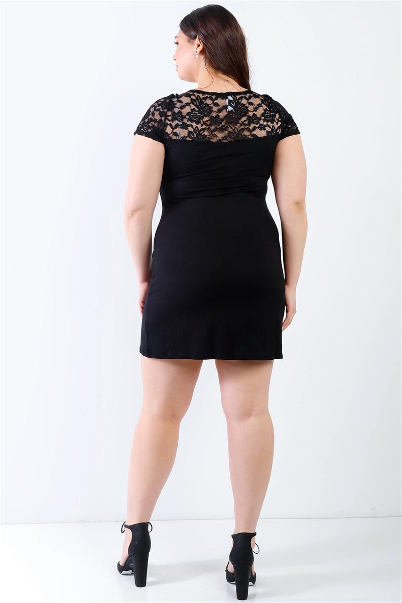 Plus Lace Details Short Sleeve Mini Dress - AMIClubwear