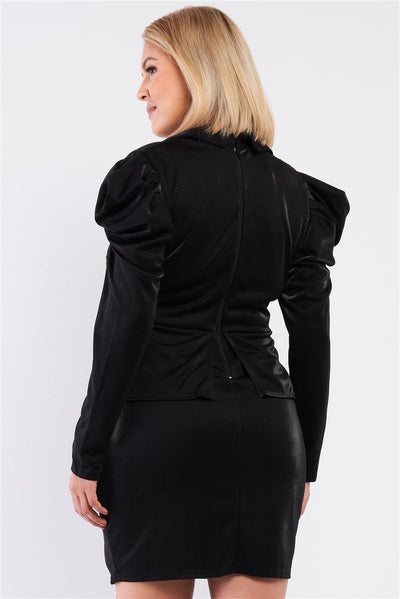 Plus Long Sleeve Victorian Steampunk Inspired V-neck Button Front Pleated Detail Mock Blazer Fitted Dress - AMIClubwear