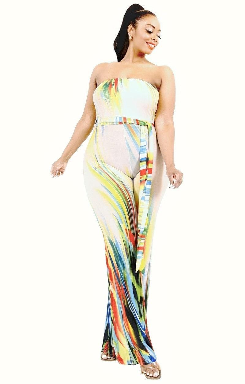 Plus Off Shoulder Color Brushed Tie Waist Jumpsuit - AMIClubwear