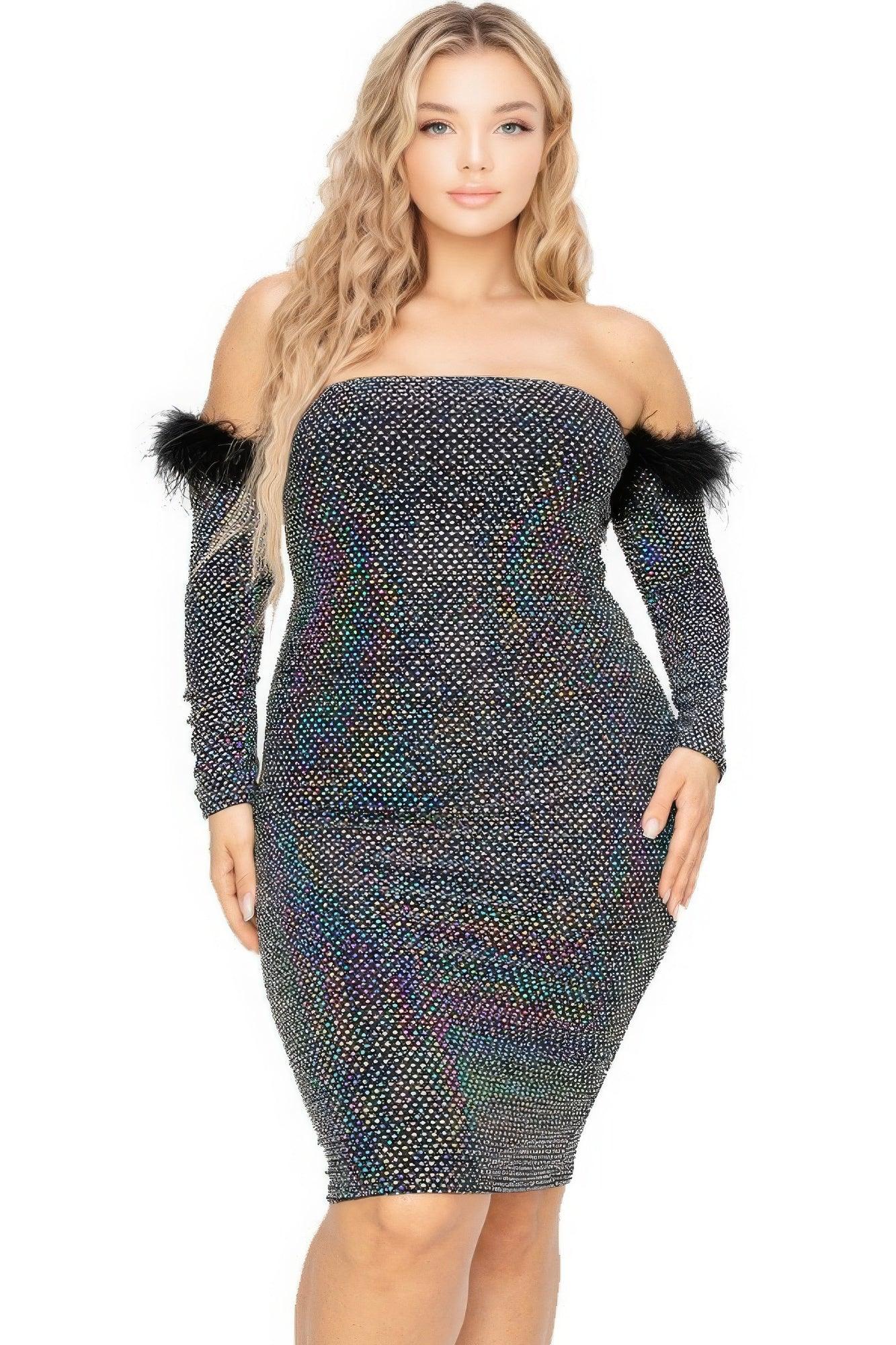 Plus Off Shoulder Feather Trim Detail Sequin Dress - AMIClubwear