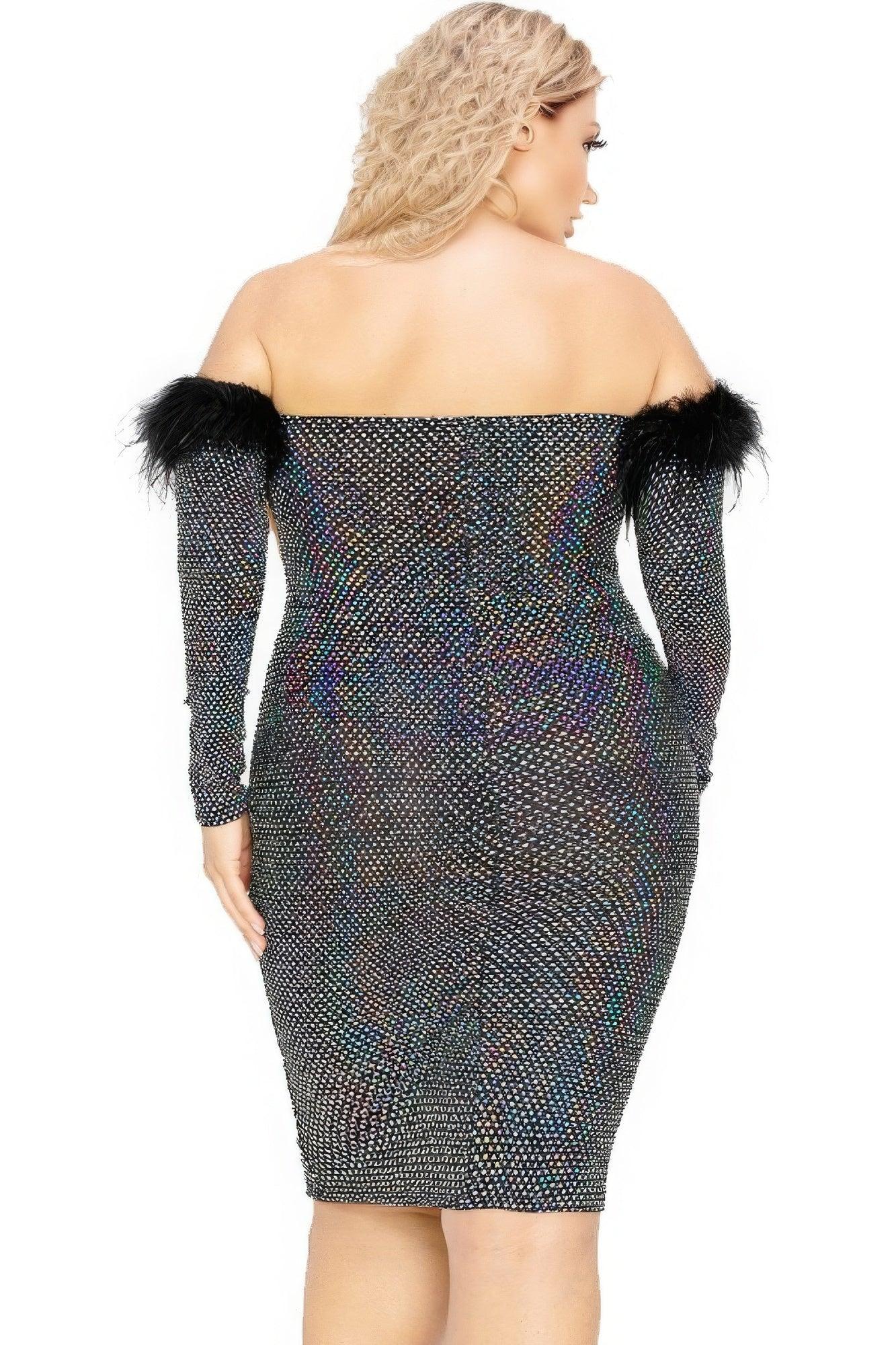 Plus Off Shoulder Feather Trim Detail Sequin Dress - AMIClubwear