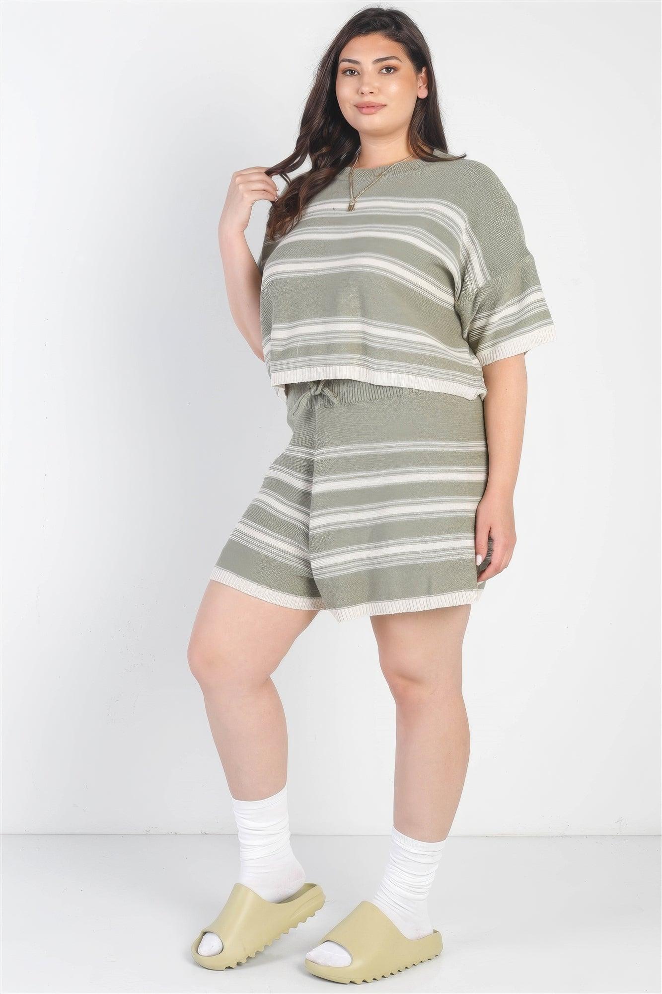 Plus Olive Striped Knit Short Sleeve Crop Top High Waist Shorts Set - AMIClubwear