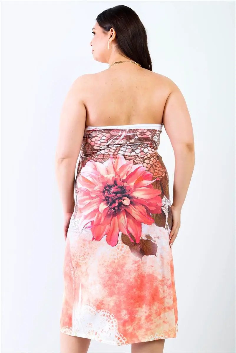 Plus Peach Flower Print Sleeveless Midi Dress