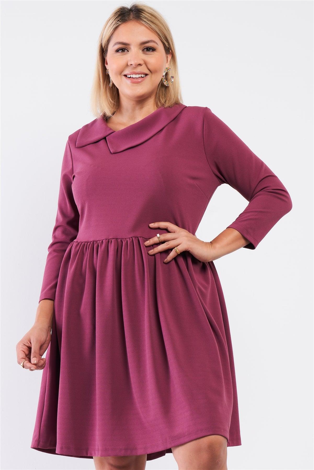 Plus Pleated Preppy Fit & Flare Long Sleeve Asymmetrical Peter Pan Collar Mini Dress - AMIClubwear