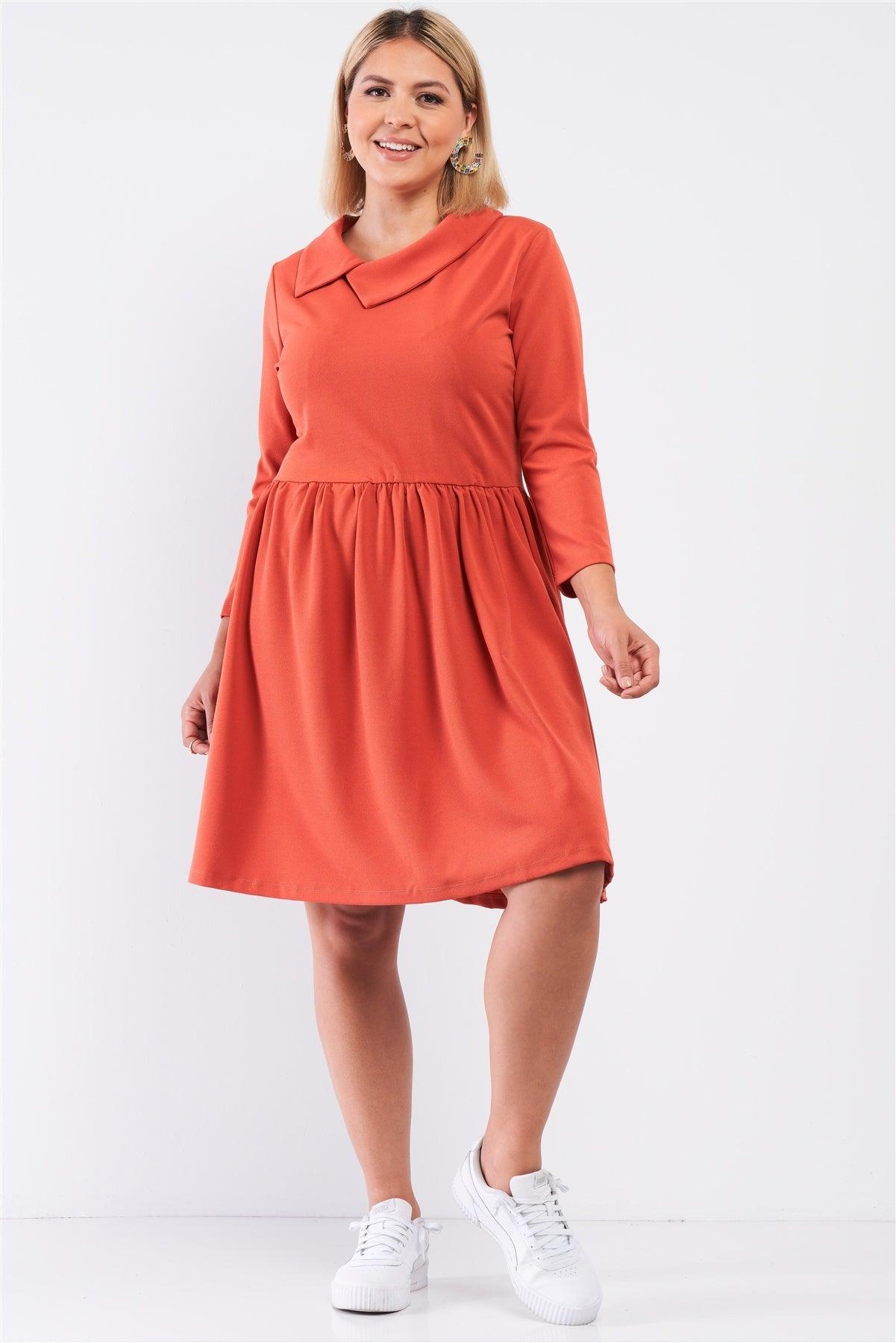 Plus Pleated Preppy Fit & Flare Long Sleeve Asymmetrical Peter Pan Collar Mini Dress - AMIClubwear