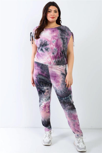 Plus Purple & Black Tie-dye Ruched Shoulder Detail Top & Pants Set - AMIClubwear